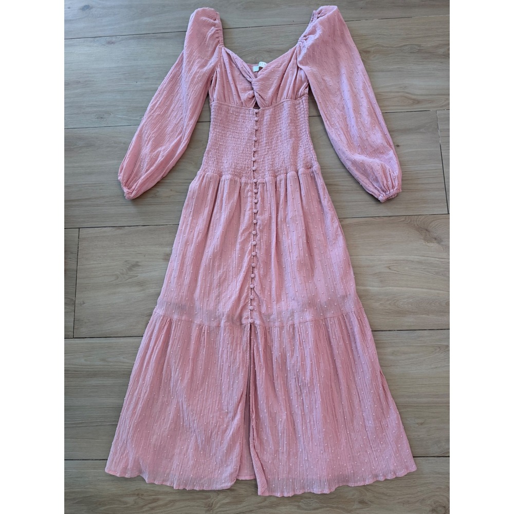 ASTR the Label Pink Swiss Dot Smocked Midi Dress Long Sleeve Twist Front XS